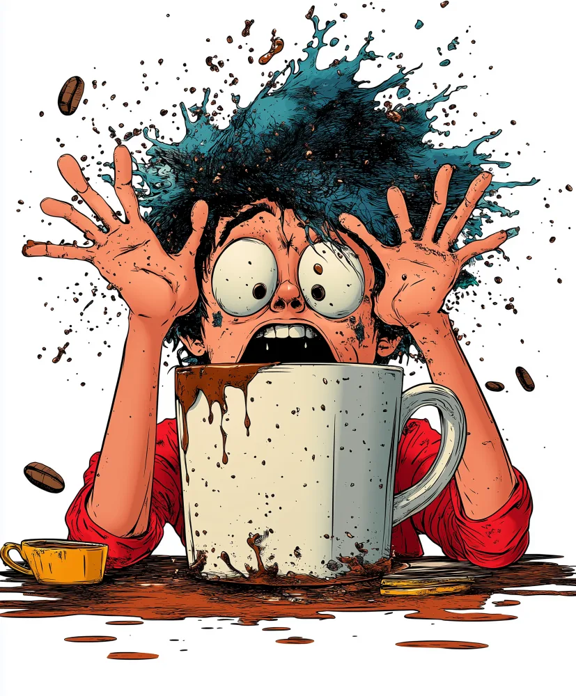 Cartoon Character Shocked by Giant Coffee Splash
