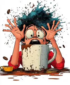 Cartoon Character Shocked by Giant Coffee Splash