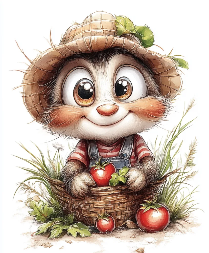 Cute Animal Character with Straw Hat and Basket of Tomatoes