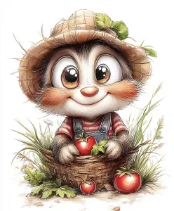 Cute Animal Character with Straw Hat and Basket of Tomatoes