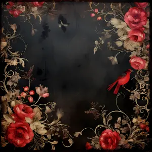 Elegant Red Roses and Bird Floral Frame on Dark Background