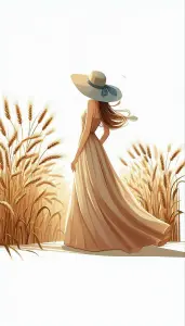 Woman in Flowing Dress and Wide-Brim Hat Standing in Wheat Field
