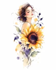 Watercolor Portrait of Woman with Sunflower