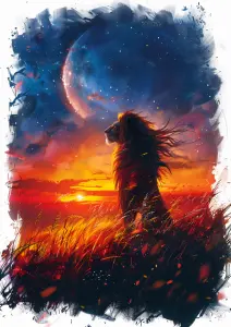 Lion Silhouette Against a Vibrant Sunset and Starry Sky