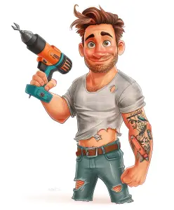 Cartoon Man Holding Power Drill with Tattoos and Torn Clothes