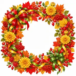 Autumn Harvest Wreath with Colorful Leaves and Ribbons