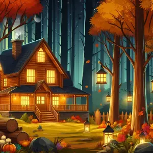Cozy Autumn Evening Cabin in Forest with Lanterns