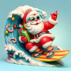 Santa Claus Surfing Christmas Wave with Gifts and Candy Canes
