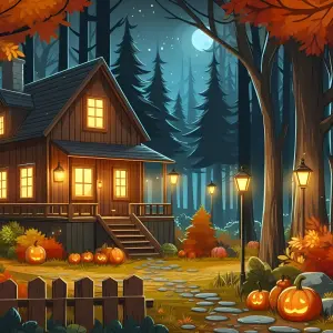 Cozy Autumn Cabin at Night with Halloween Pumpkins