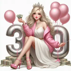 Elegant Woman Celebrating 30th Birthday with Money and Balloons