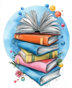 Stack of Colorful Books with Open Book on Top Illustration