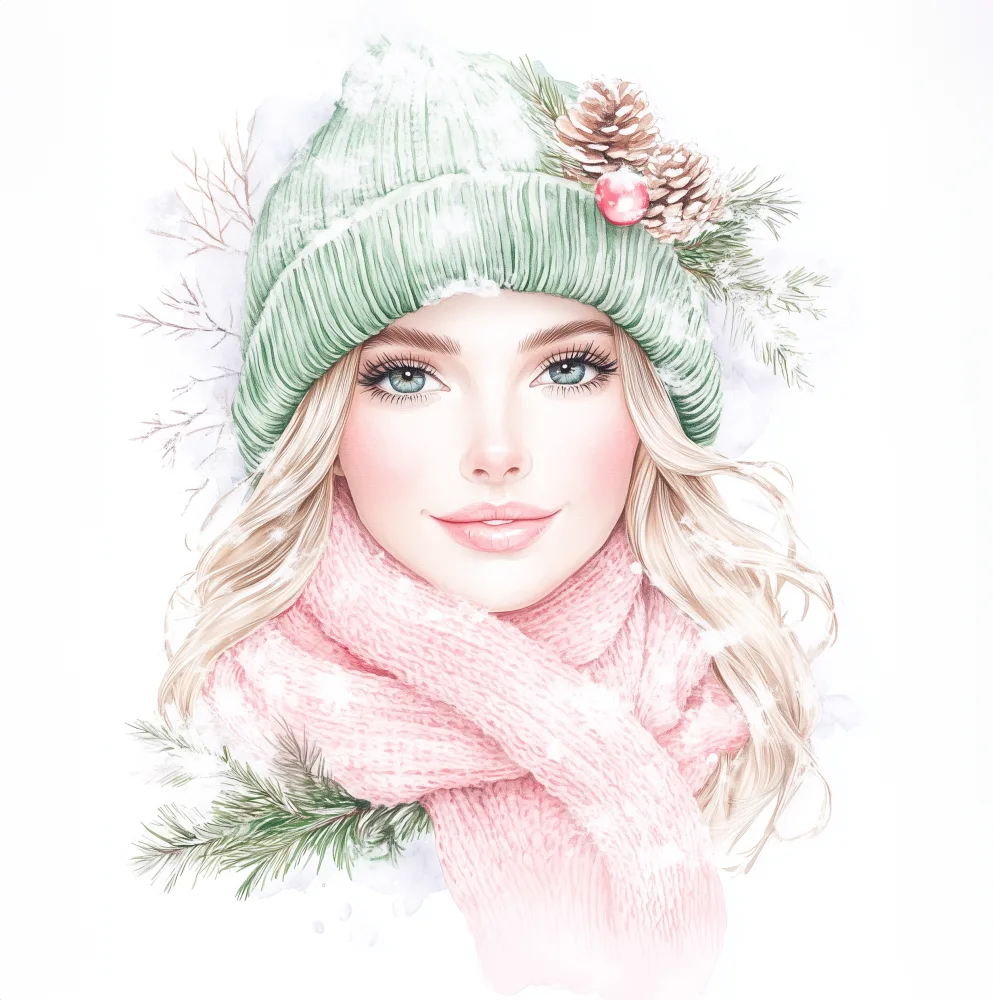 Portrait of a Young Woman in Winter Hat with Pinecone Decoration