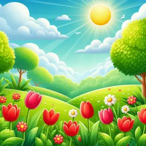 Bright Sunny Spring Landscape with Tulips and Rolling Hills