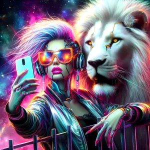 Futuristic Woman Taking Selfie with Cybernetic White Lion in Neon Space