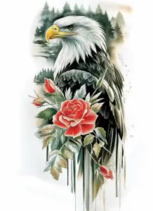 Illustration of a Bald Eagle with Red Roses and Pine Trees