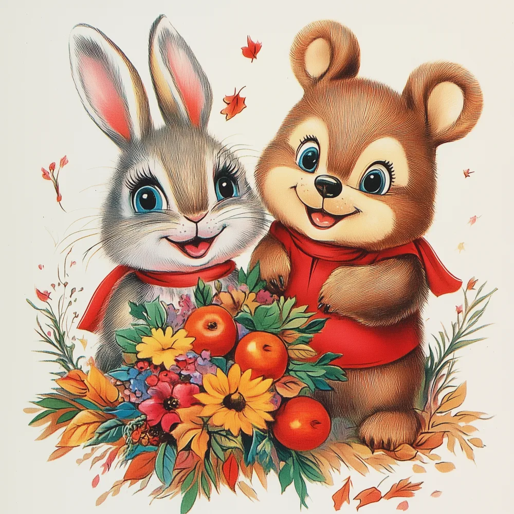 Cartoon Bunny and Bear with Autumn Bouquet
