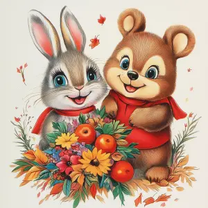 Cartoon Bunny and Bear with Autumn Bouquet