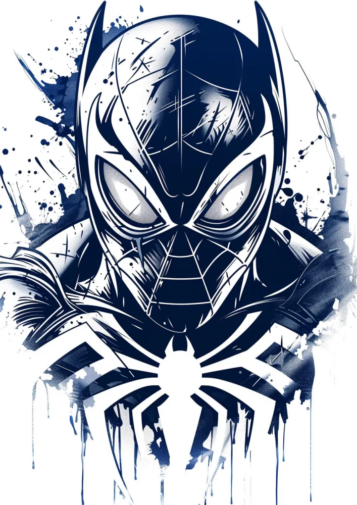 Abstract Blue Ink Spider-Man Illustration with White Spider Emblem