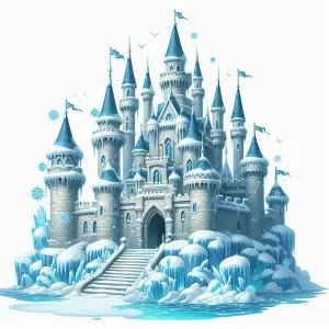 Illustration of a Frozen Ice Castle with Snow and Icicles