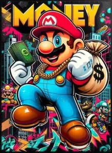 Mario Character Holding Money Bag and Cash in Urban Graffiti Style