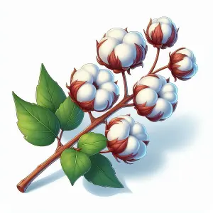 Cotton Plant Branch with White Cotton Bolls and Green Leaves