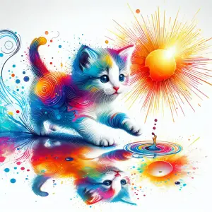 Colorful Artistic Kitten with Radiant Sun and Reflection