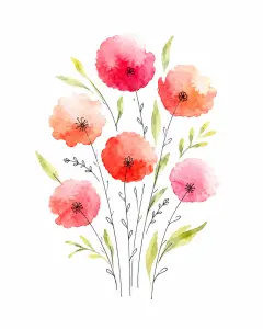 Watercolor Illustration of Red and Pink Flowers with Green Stems and Leaves