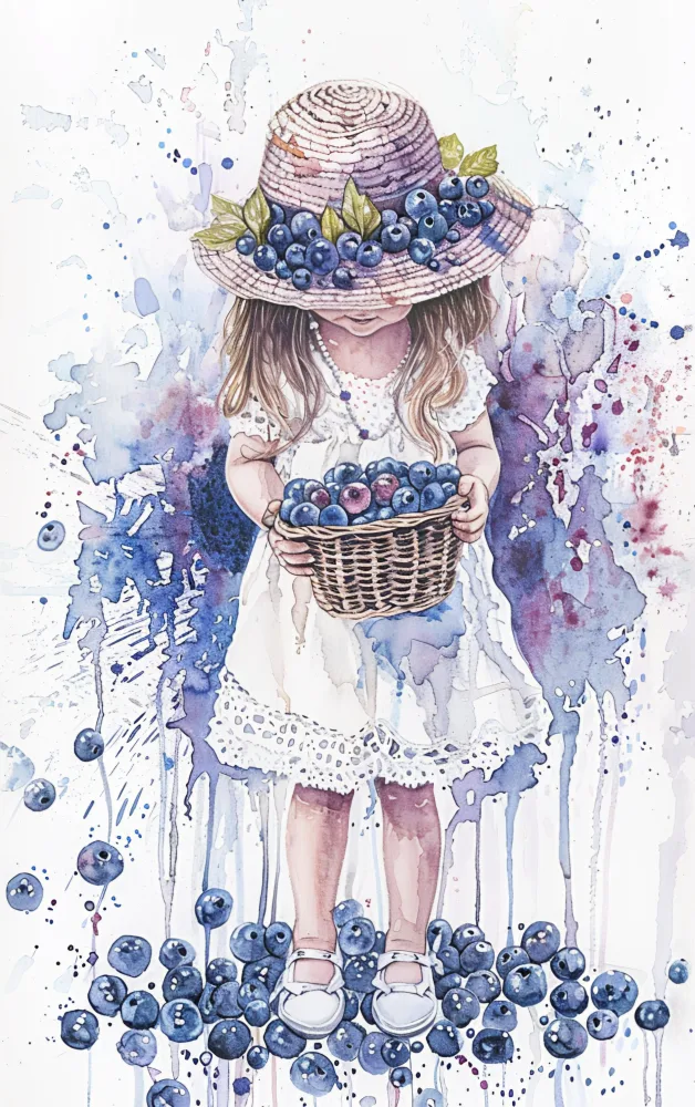 Watercolor Painting of a Little Girl Holding Basket of Blueberries