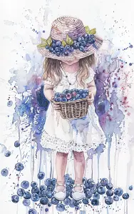 Watercolor Painting of a Little Girl Holding Basket of Blueberries