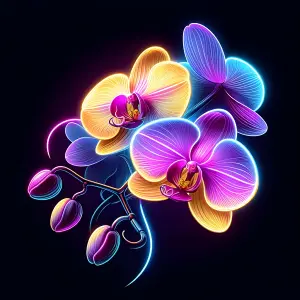 Neon Glowing Orchid Flowers on Black Background