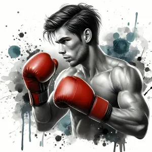 Young Male Boxer with Red Gloves in Fighting Stance