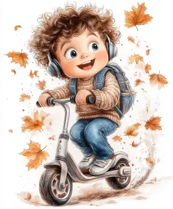 Joyful Child Riding Scooter in Autumn Leaves