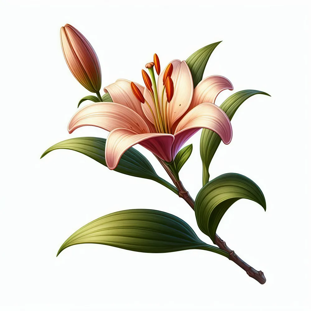 Pink Lily Flower with Bud and Green Leaves