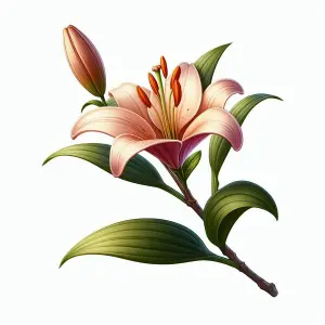 Pink Lily Flower with Bud and Green Leaves