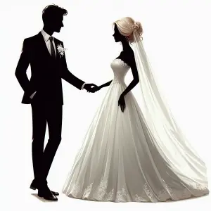 Silhouette of Bride and Groom Holding Hands in Wedding Attire