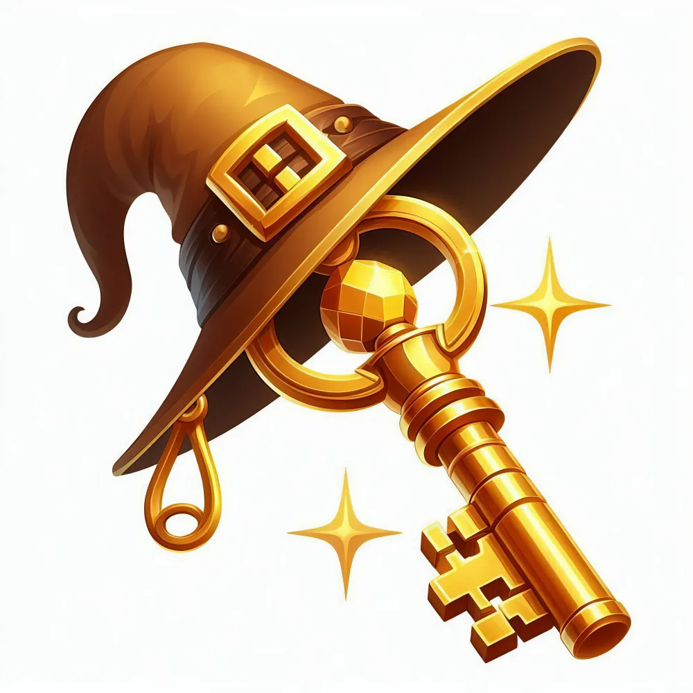 Golden Key with Witch Hat and Magical Sparkles