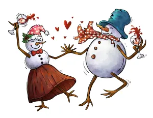 Dancing Snowman Couple Celebrating with Wine