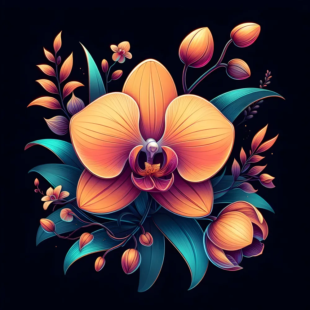 Vibrant Orange Orchid with Colorful Leaves on Dark Background