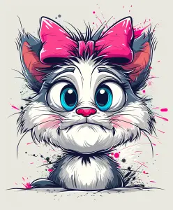 Cartoon Kitten with Pink Bow and Big Blue Eyes