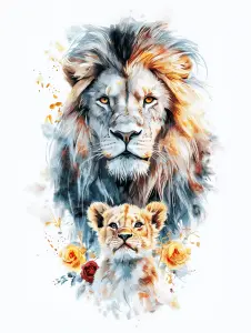 Artistic Portrait of Adult Lion and Lion Cub with Floral Accents