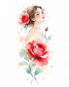 Watercolor Portrait of Woman with Red Roses