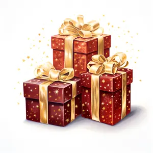 Three Red Gift Boxes with Gold Ribbons and Star Patterns