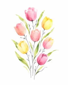 Watercolor Tulip Bouquet Painting with Pink and Yellow Flowers