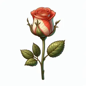 Detailed Illustration of a Red and White Rose with Leaves
