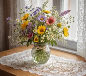 Colorful Wildflower Bouquet in Glass Vase on Lace Table Runner