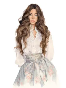 Portrait of a Young Woman with Long Wavy Hair in Vintage Style Dress