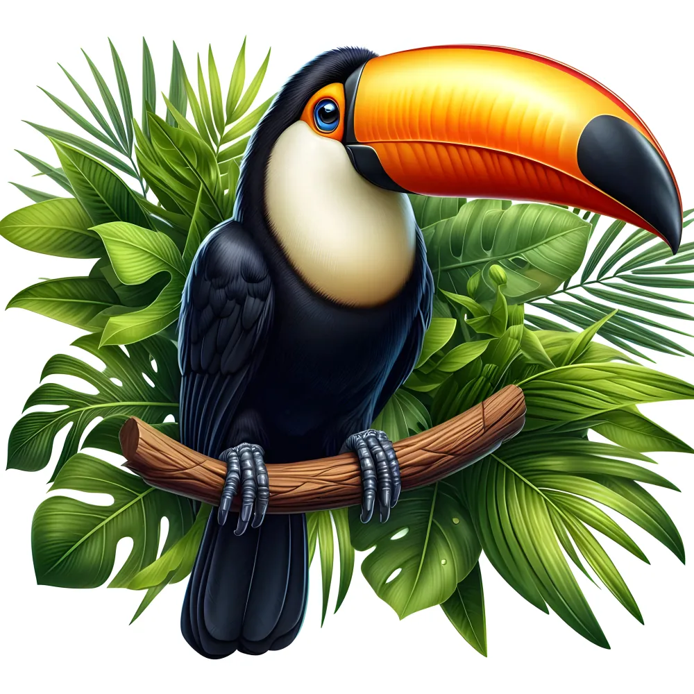 Toucan with Large Orange Beak Perched on Branch with Tropical Leaves