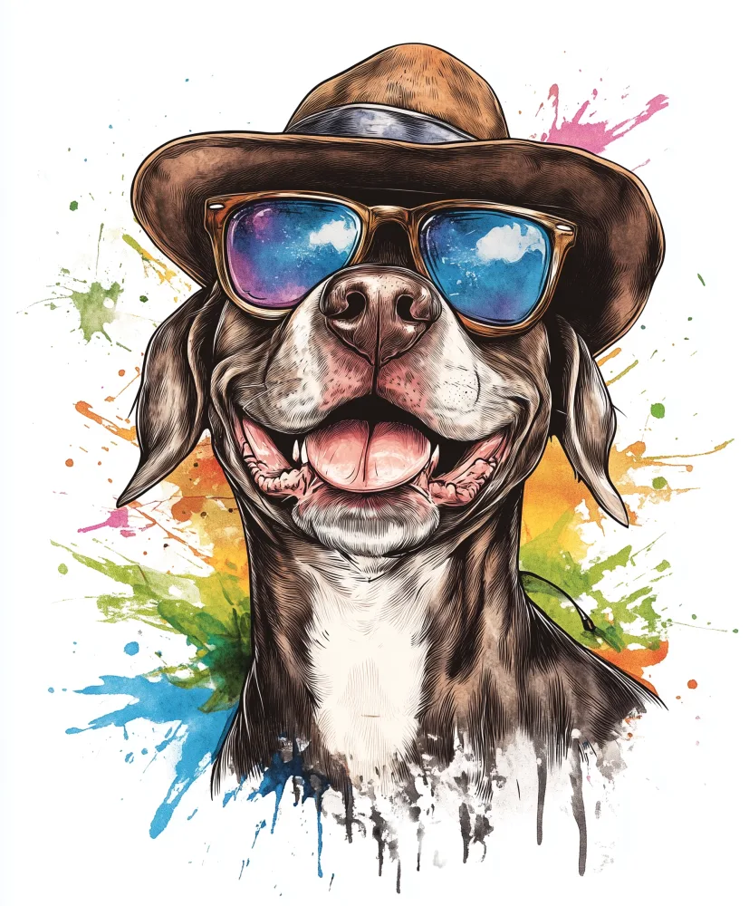Illustration of Happy Dog Wearing Hat and Sunglasses with Colorful Paint Splashes