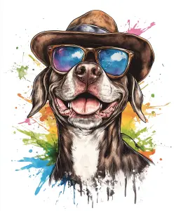 Illustration of Happy Dog Wearing Hat and Sunglasses with Colorful Paint Splashes
