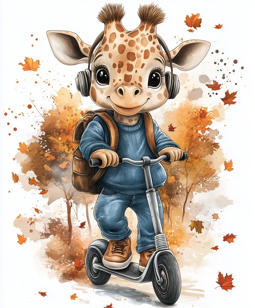Cute Giraffe Riding Scooter with Headphones and Backpack in Autumn